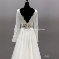 design plain train wedding dresses long sleeves open V back boat neckline a line bridal dress